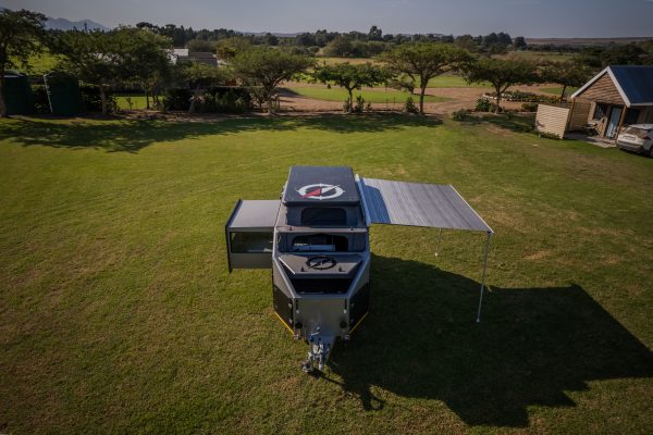 A drone image taken from the front above of the Infanta 4x4 enkulu 2 caravan for sale in South Africa