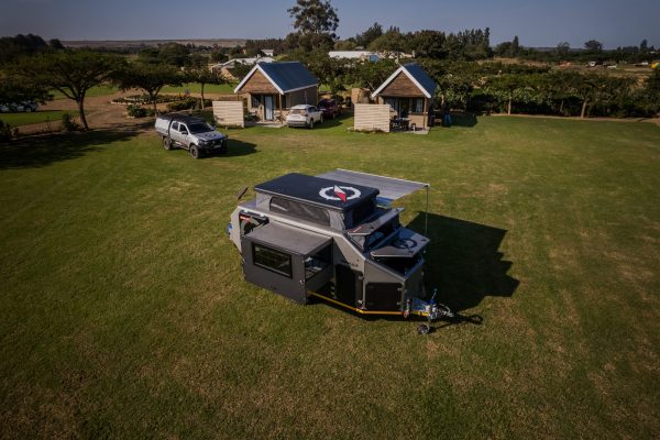 A drone image of the Infanta 4x4 enkulu 2 caravan for sale in South Africa